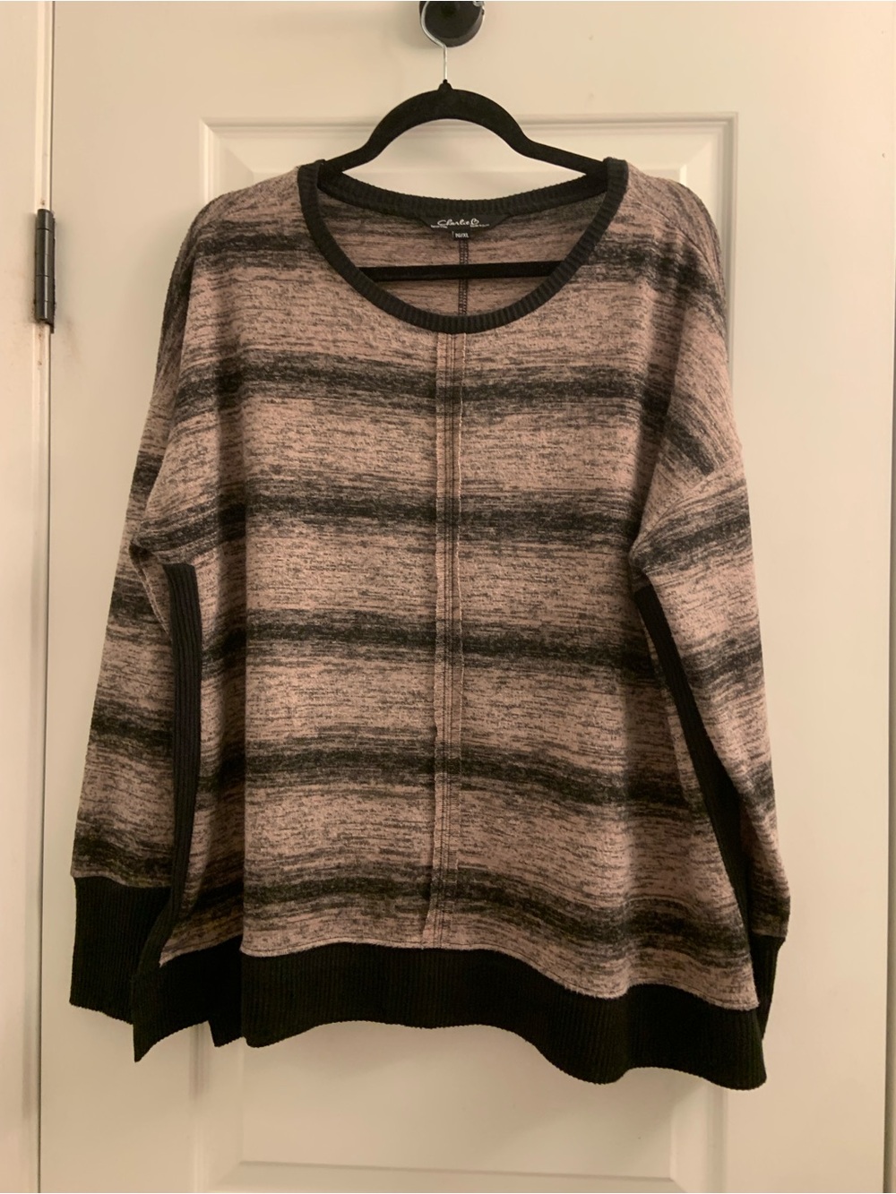 CHARLIE B Pink Heathered and Black Striped Scoop Neck Sweater